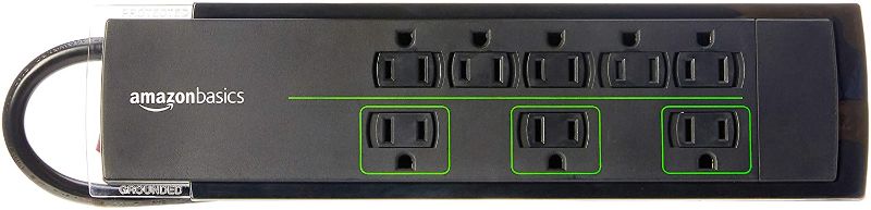 Photo 1 of Amazon Basics 8-Outlet Power Strip Surge Protector, 4,500 Joule - 6-Foot Cord, Black/Green
