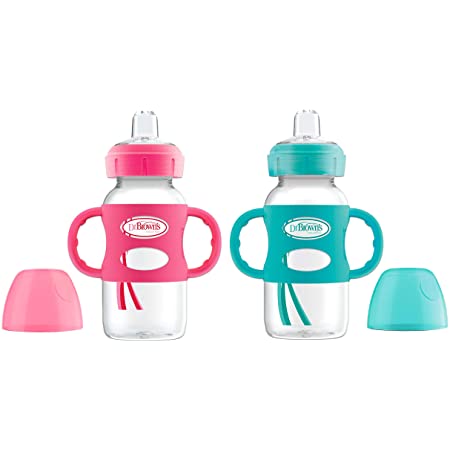 Photo 1 of Dr. Brown's Milestones Transition Wide-Neck Sippy Bottle with Silicone Handles - Pink/Turquoise - 9oz - 2pk - 6m+
