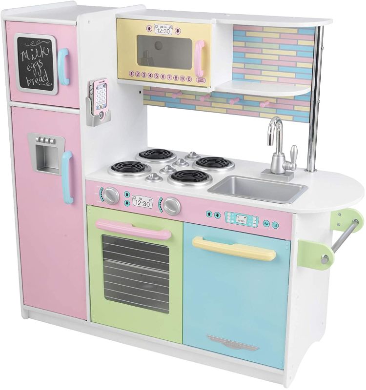 Photo 1 of KidKraft Uptown Pastel Wooden Play Kitchen with Chalkboard, Play Phone, and See-Through Doors, Gift for Ages 3+
