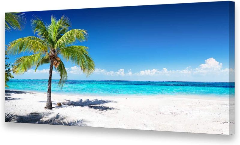 Photo 1 of Baisuart Large Canvas Wall Art Summer Ocean Waves Coconut Trees on Sands Beach Seascape Painting Sea Nature Pictures for Living Room Home Office Wall Decor Artwork XXLarge 30x60inch
