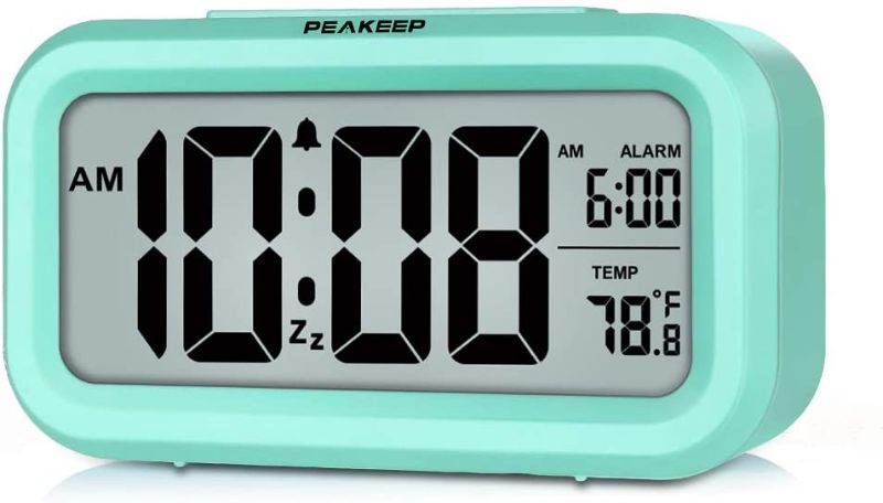 Photo 1 of PEAKEEP Smart Night Light Digital Alarm Clock with Indoor Temperature, Battery Operated Desk Small Clock (Mint)
