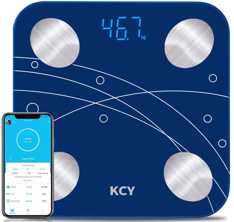 Photo 1 of KCY Bluetooth Body Fat Scale,Smart Wireless Bathroom Scale for Body Weight,LED Digital Weighing Percentage Scale,BMI,BMR 15 Key Body Composition Monitor Health Analyzer with Smartphone App Sync,Blue
