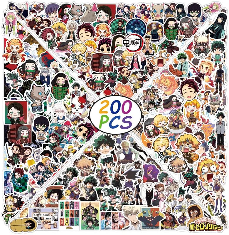 Photo 1 of 200Pcs Mixed Anime Stickers, Anime Cartoon Stickers for Laptop, Notebook Computer,Water Bottle,Luggage. Gifts for Kids, Men, Women,Teens, Adults, 2 PACKS, CONTAINS DEMON SLAYER, NARUTO, HUNTER X HUNTER, MY HERO ACADEMIA