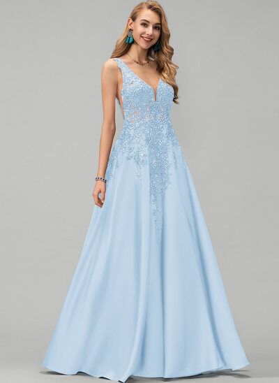 Photo 1 of JJ'S HOUSE Ball-Gown/Princess V-neck Floor-Length Satin Prom Dresses With Lace Beading Sequins Pockets, BLUE, CUSTOM SIZE
