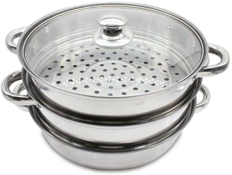 Photo 1 of 3 Tier Steamer Pot Steaming Cookware Multi-Layer Boiler Pot with Handles on Both Sides+Glass Lid,Diameter 11Inch Height 9.84Inch Stainless Steel Kitchen Cooking Pot
