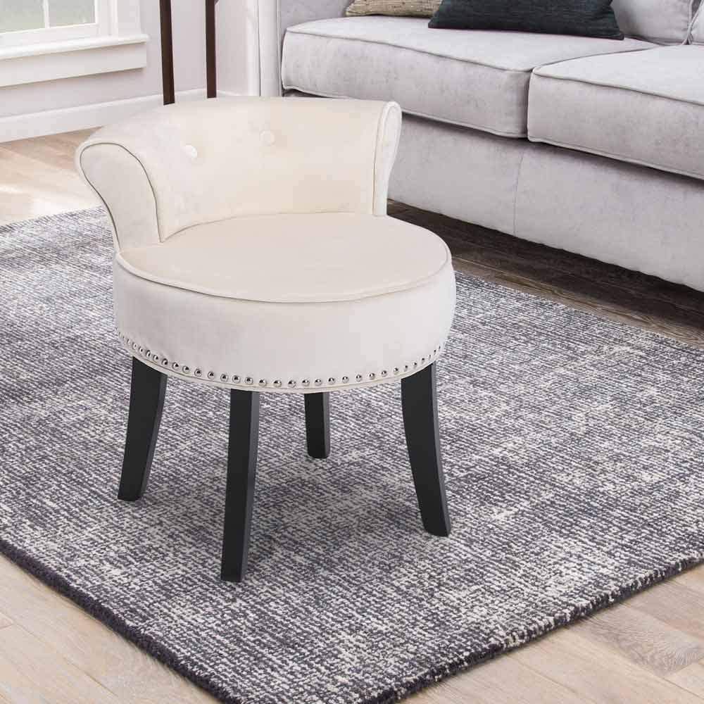 Photo 1 of Beige Vanity Stool Chair with Roll Back for Kids Modern Velvet Makeup Dressing Table Stool Padded Bench Wood Legs for Lounge Beige