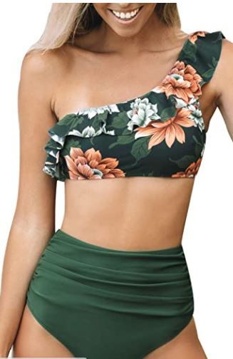 Photo 1 of CUPSHE Women's Bikini Set Ruffle One Shoulder Bikini High Waist Tummy Control Swimwear Two Piece Swimsuit, SIZE M
