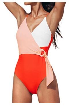 Photo 1 of CUPSHE Women's One Piece Swimsuit Wrap Over Color Block Swimwear Back Crisscross Bathing Suit Swimming Costume, SIZE XL
