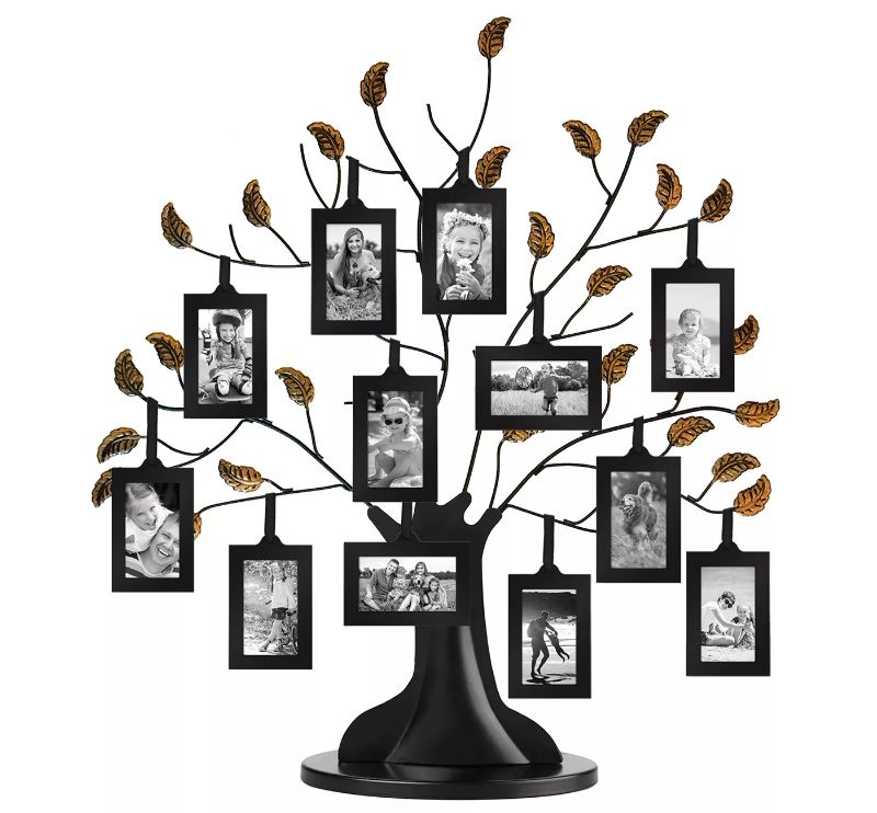Photo 1 of Americanflat Bronze Family Tree with Hanging Picture Frames 2" x 3" in Black and Adjustable Ribbon Tassels
