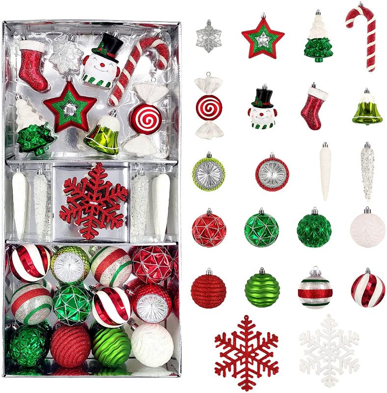 Photo 1 of 42 ct Red Green White Christmas Décor Ball Ornament Set, Shatterproof Assorted Decorative Christmas Tree Ornaments for Xmas Decoration in Reusable Gift Box
