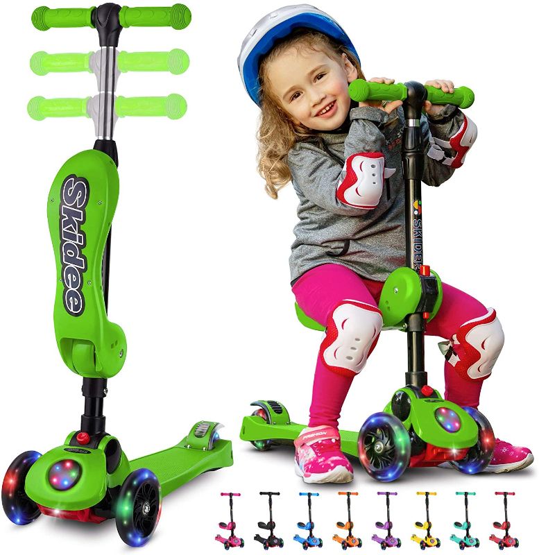 Photo 1 of Kick Scooters for Kids Ages 3-5 (Suitable for 2-12 Year Old) Adjustable Height Foldable Scooter Removable Seat, 3 LED Light Wheels, Rear Brake, Wide Standing Board, Outdoor Activities for Boys/Girls
