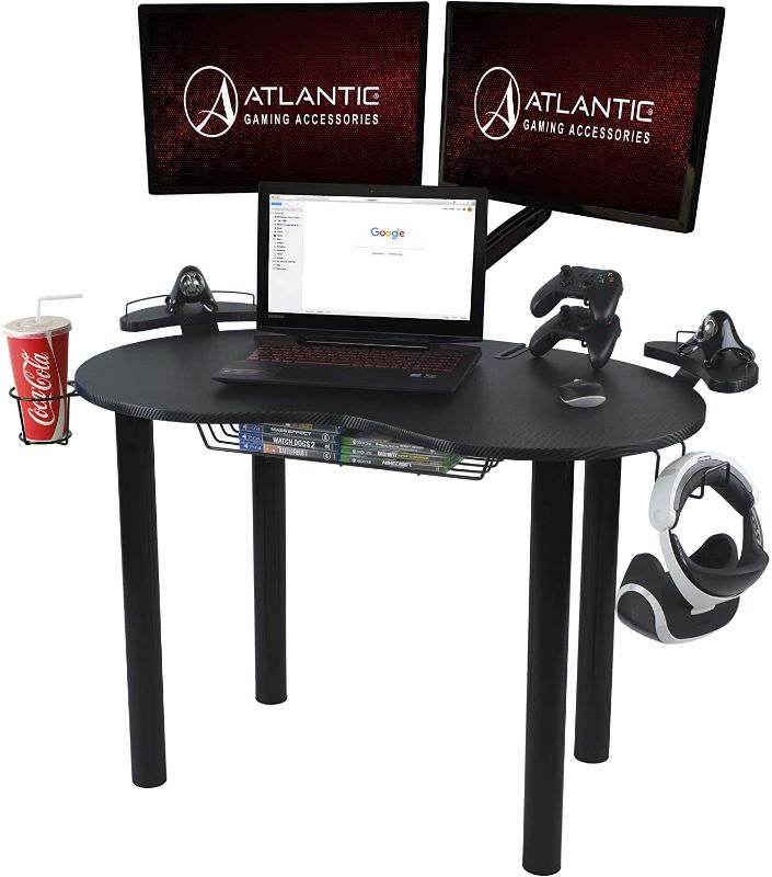 Photo 1 of Atlantic Eclipse Gaming Desk – Gaming/Working/Studying Desk, Durable Carbon Fiber-Style Desktop, Integrated Gaming Gadget Storage, Speaker Stands, Cable Management, Cup Holder, PN 82050334 – Black
