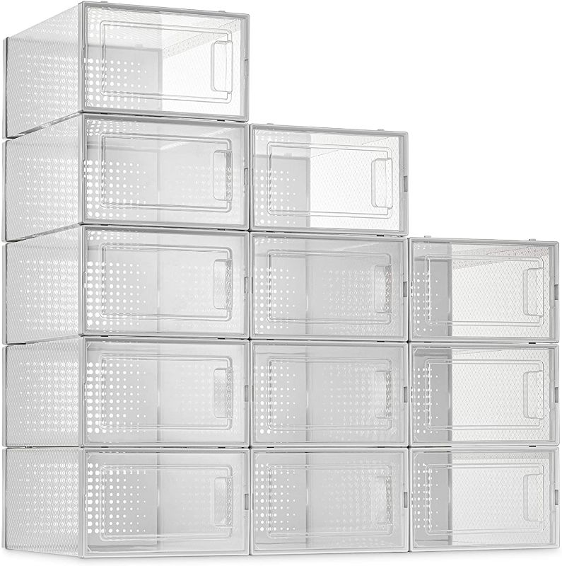 Photo 1 of 12 Pack Shoe Storage Boxes, Clear Plastic Stackable Shoe Organizer Bins, Drawer Type Front Opening Shoe Holder Containers