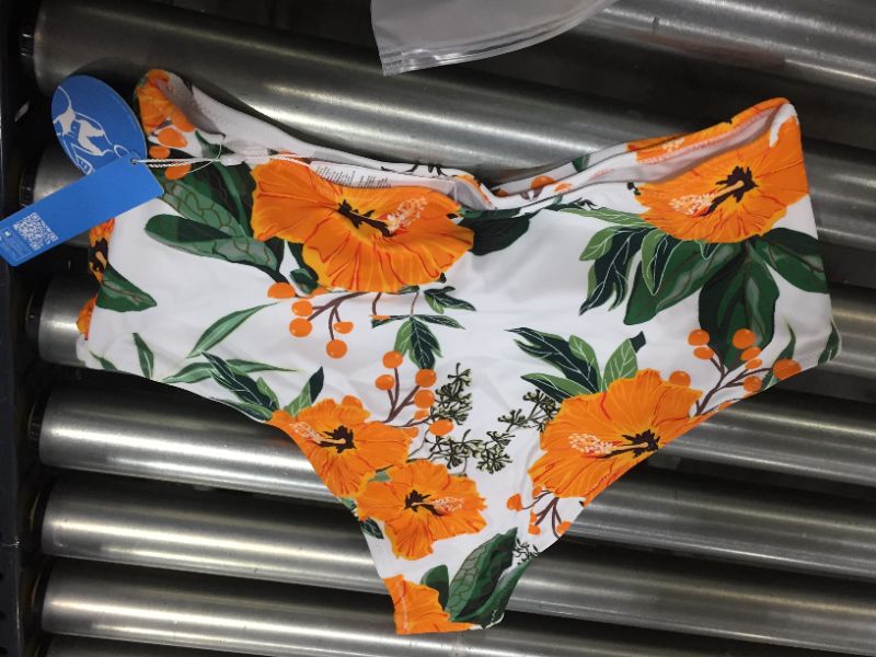 Photo 2 of CUPSHE Orange Floral Shirring High Waisted Bikini Bottom, SIZE M, BOTTOM ONLY
