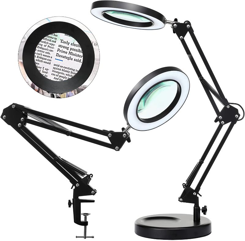 Photo 1 of Magnifying Glass with Light and Stand, HITTI Real Glass 2-in-1 Magnifying Lamp, 3 Colors Modes Stepless Dimming Magnifier Desk Lamp & Clamp, 2.25X Magnifier with Light for Crafts Repair Close Work