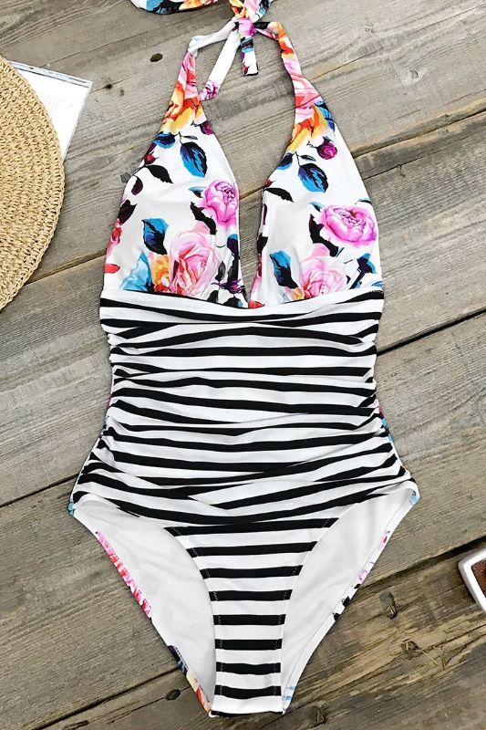 Photo 1 of Bold Floral And Stripe Halter One Piece Swimsuit L 