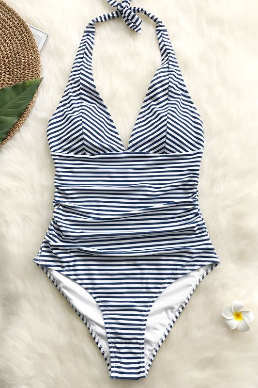 Photo 1 of Blue And White Stripe Halter One Piece Swimsuit L