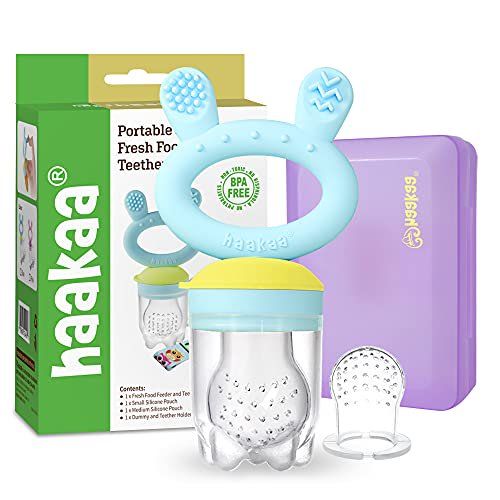 Photo 1 of Baby Fruit Food Feeder Pacifier - Haakaa Silicone Feeder and Teether for Infant Safely Self Feeding,BPA Free Teething Relief Toy with Teether Clip&Travel Case(Blue)