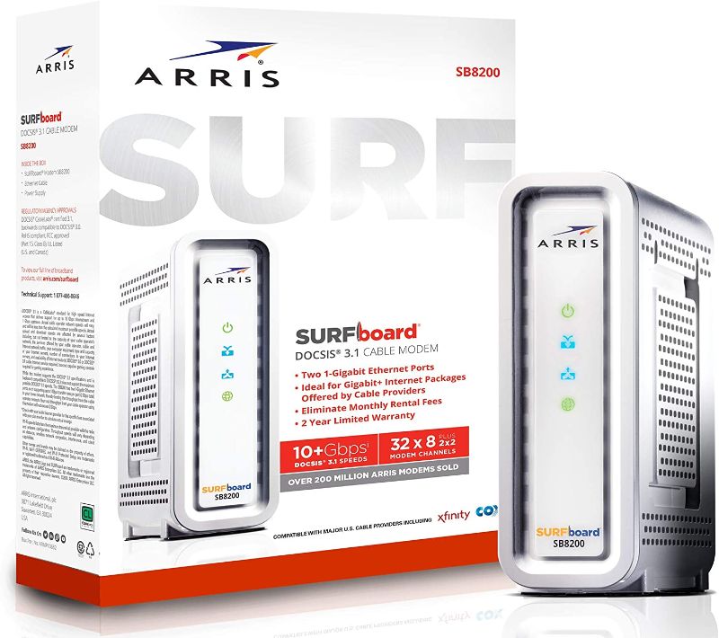 Photo 1 of ARRIS SURFboard SB8200 DOCSIS 3.1 Gigabit Cable Modem, Approved for Cox, Xfinity, Spectrum & others , White , Max Internet Speed Plan 2000 Mbps
