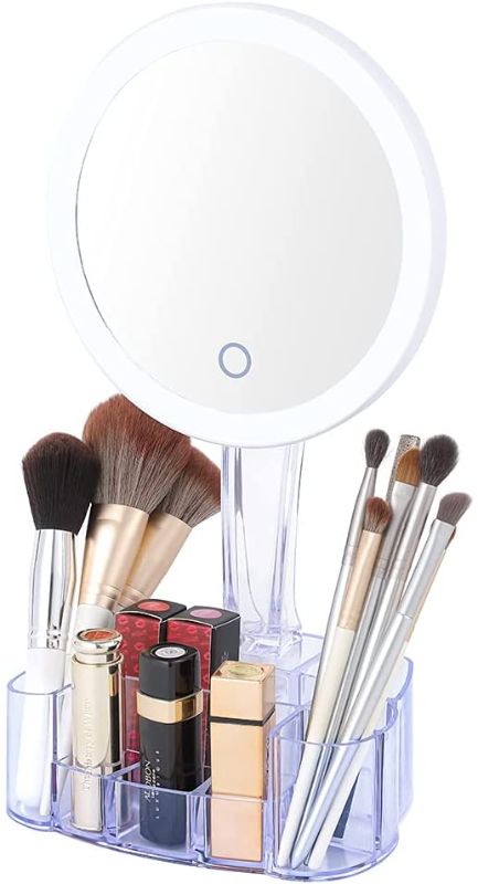 Photo 1 of 3-Color Lighted Makeup Vanity Mirror with Cosmetic Organizer Base, Portable High Definition Lighted Up Mirror with 90° Adjustable Rotation and Touch Sensor Control, Battery Operated