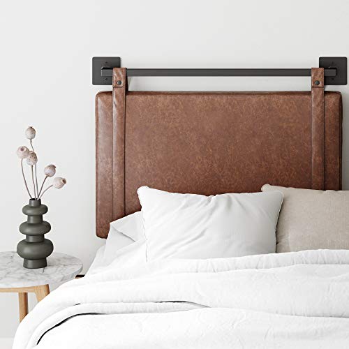 Photo 1 of Barcode for Nathan James Harlow Wall Mount Faux Leather or Fabric Upholstered Headboard, Adjustable Height Vintage Brown Straps with Black Matte Metal Rail, Twin
