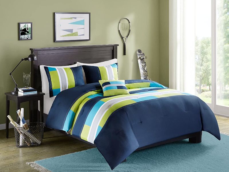 Photo 1 of Comfort Spaces - CS10-0068 Comforter Set All Season Ultra Soft Hypoallergenic Microfiber Pipeline Boys Dormitory Bedding, Queen(90"x90"), Pierre Navy Blue Stripe
