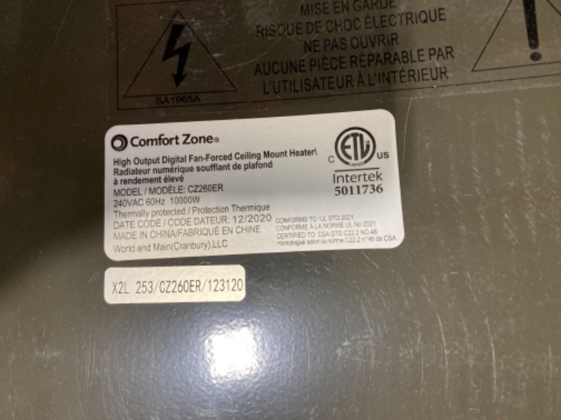 Photo 1 of Comfort Zone CZ260ER Ceiling-Mounted High-Output 10,000-Watt Fan-Forced Industrial Heater with Digital Thermostat and Remote Control
