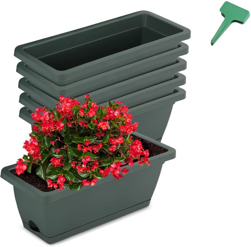 Photo 1 of CEED4U 17 INCHES 6 PACKS GREEN WINDOW BOX RECTANGULAR FLOWER VEGETABLE PLANTER BOXES PLASTIC FLOWER POT WITH 15 PCS PLANT LABELS, PLANT CONTAINER WITH SAUCER FOR WINDOWSILL, PATIO, GARDEN, HOME DÉCOR
