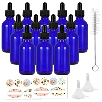 Photo 1 of 12 Pack 30 ml 1 oz Blue Glass Bottles with Glass Droppers and Black cap.Glass Dropper Bottles for Essential Oils,Lab Chemicals,Colognes,Perfumes.Included 1 Brush,2 Funnels and 24 Labels.
