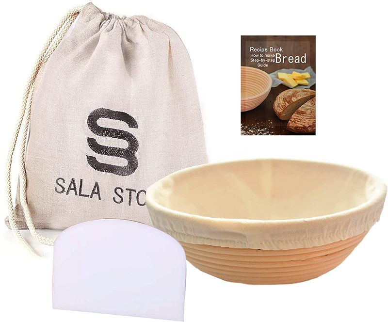 Photo 1 of 9” Round Banneton Proofing Basket for Bread Baking with Bread Liner, Dough Scraper, Linen Bread Bag with Bread Recipe Book Pack of 5
