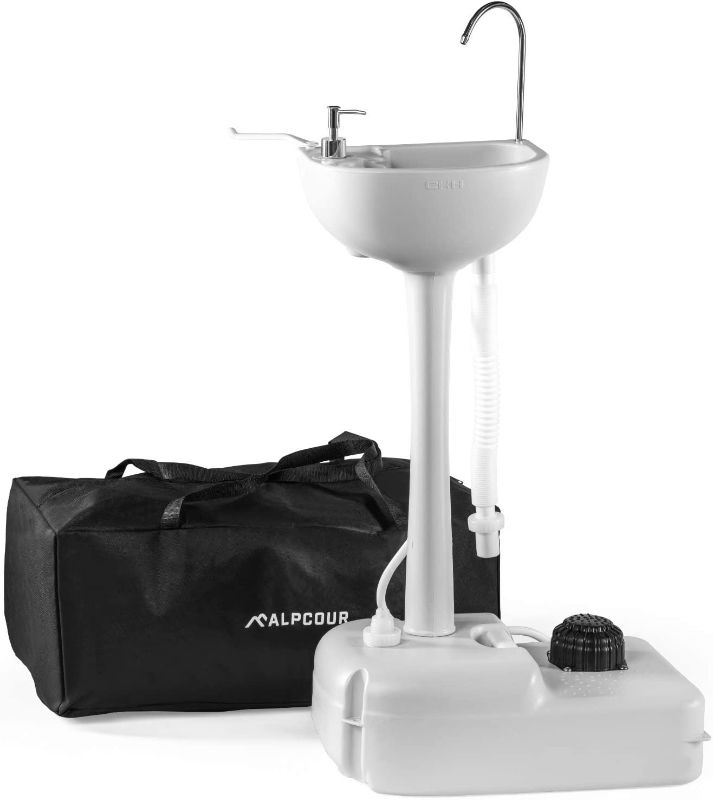 Photo 1 of Alpcour Portable Camping Sink – Indoor/Outdoor Travel Hygiene Station with Basin, Running Faucet, Soap Dispenser, Towel Rack, Drain Hose, Hands-Free Foot Pump, Stakes & Carry Bag – 17L Water Capacity
