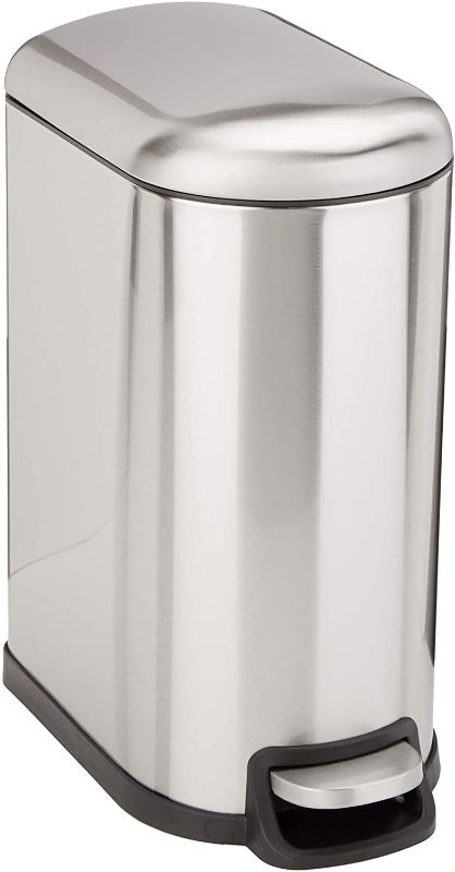 Photo 1 of Amazon Basics 10 Liter / 2.6 Gallon Soft-Close, Smudge Resistant Trash Can with Foot Pedal for Narrow Spaces - Brushed Stainless Steel
