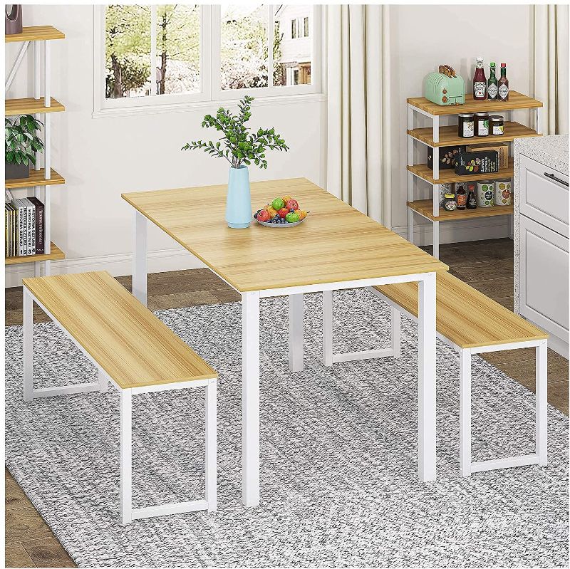 Photo 1 of 3-Piece Dining Table Set Wooden Table with Two Benches
