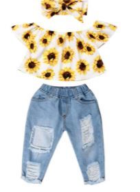 Photo 1 of 3Pcs Toddler Girl Sunflower Off Sloulder Top Ruffle Blouse + Blue Ripped Long Jeans + Yellow Bowknot Headband Sets SIZE 120