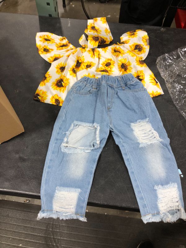 Photo 2 of 3Pcs Toddler Girl Sunflower Off Sloulder Top Ruffle Blouse + Blue Ripped Long Jeans + Yellow Bowknot Headband Sets SIZE 120