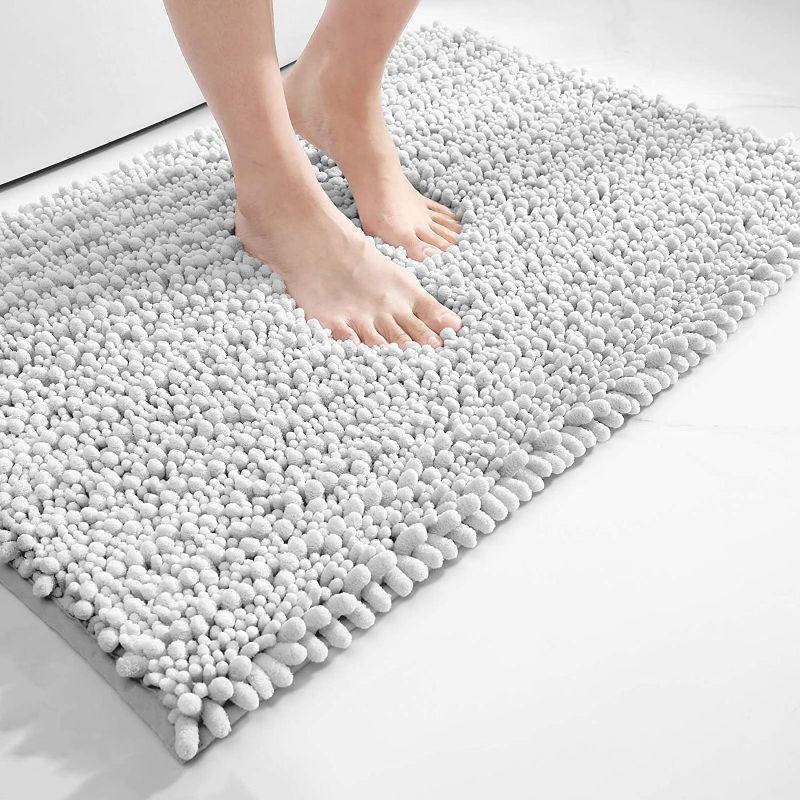 Photo 1 of DEXI Bath Mat Bathroom Rug Non Slip Absorbent and Soft Floor Mats Washable Chenille for Bathtub Toilet Shower Room Entryway,16"x24"Light Gray
