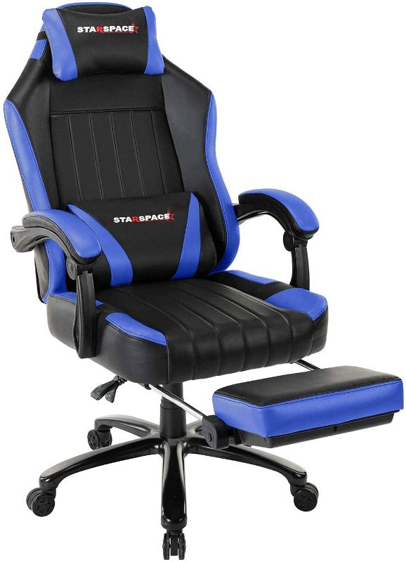 Photo 1 of STARSPACE Big & Tall 350lb Memory Foam Reclining Gaming Chair Metal Base - Adjustable Back Angle and Retractable Footrest Ergonomic High-Back Racing Executive Computer Desk Office Chair (Blue)
