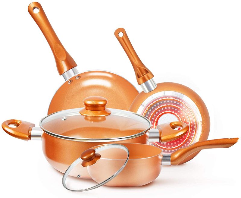 Photo 1 of Cookware-Set Nonstick Pots and Pans-Set Copper Pan - KUTIME 6pcs Cookware Set Non-stick Frying Pan Ceramic Coating Stockpot, Cooking Pot, Copper Aluminum Pan with Lid, Gas Induction Compatible
