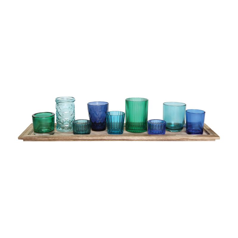 Photo 1 of 3R Studios Wood Tray with 8 Blue and Green Glass Votive Holders
