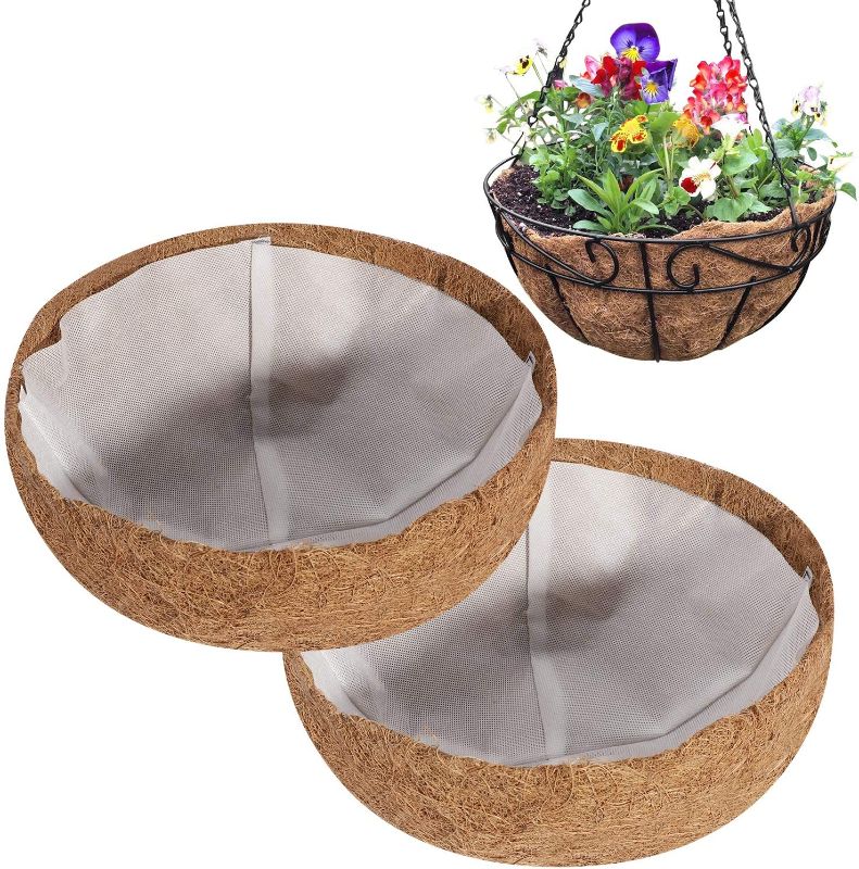 Photo 1 of ANGTUO 2Pcs 12 Inch Round Coco Liners with 2Pcs Non-Woven Fabric Lining, Coconut Coir Fiber Liner Replacement for Hanging Basket, Nonwoven Lining for Reduce Leakage of Soil and Water
