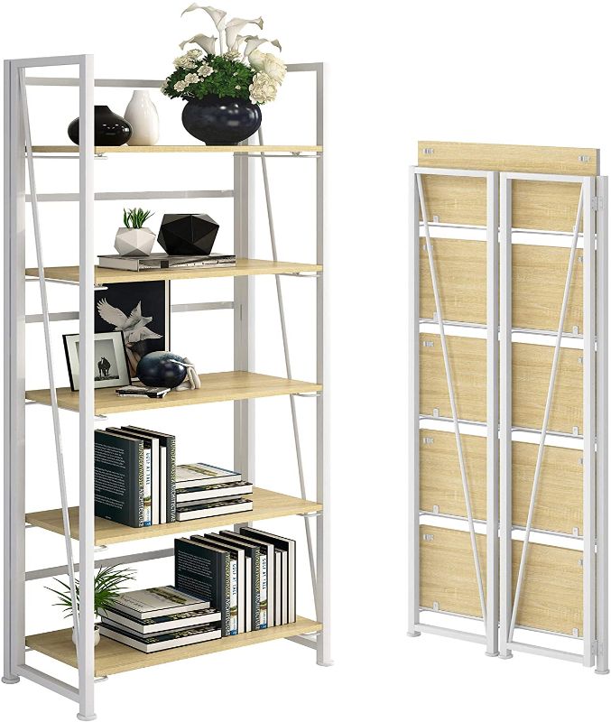 Photo 1 of GHQME No-Assembly Folding Bookshelf Storage Shelves 5 Tiers Vintage Multifunctional Plant Flower Stand Storage Rack Shelves Bookcase for Home Office(White)
