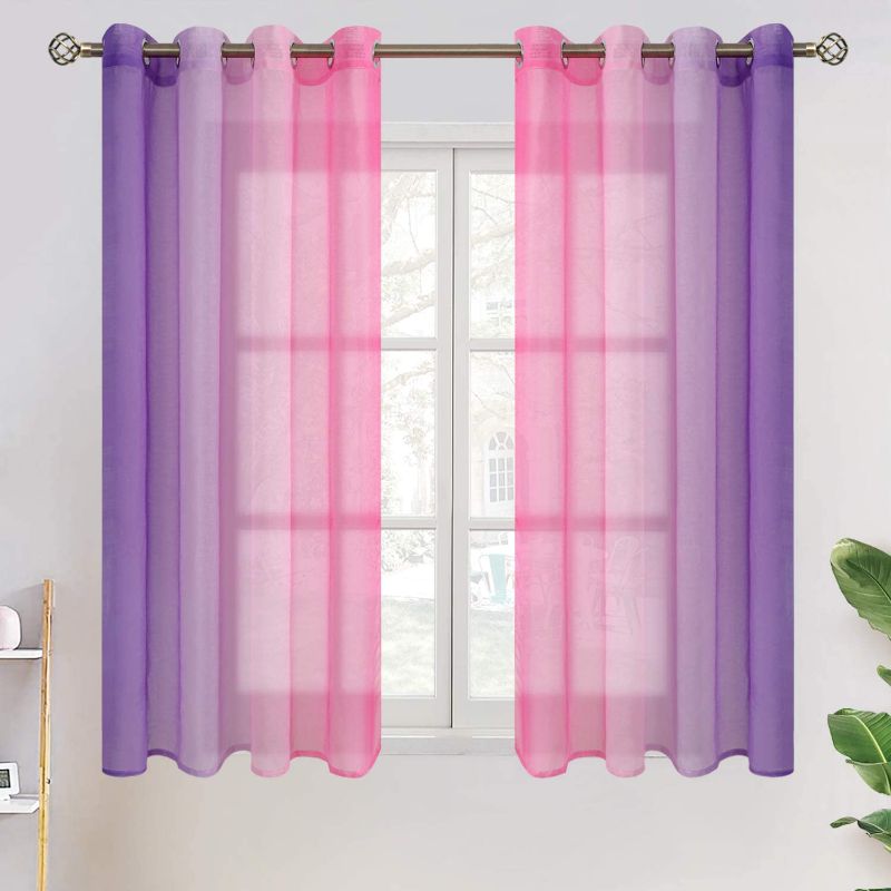 Photo 1 of BGment Ombre Sheer Curtains for Kids Room, Faux Linen Grommet Two-Color Linear Gradient and Decorative Window Curtain Panels for Girls Room, Set 2 Panels (Each 52 x 54 Inch, Pink and Purple)
