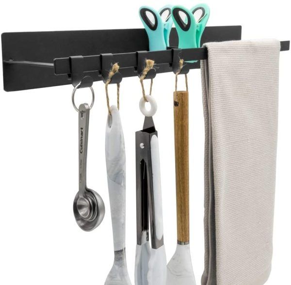 Photo 1 of Darvish & Saints Magnetic Fridge Laundry Towel Hanger Holder [with 4 Metal Hooks] – Extra Long Mounted Utensil Holder, Multi-Use Kitchen Double Section, Pantry Wall, Laundry Room, Dorm, Garage [Black]
