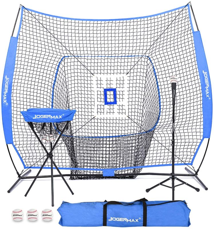 Photo 1 of JOGENMAX 7x7 DLX Practice Net + Deluxe Tee + Ball Caddy + 3 Training Ball/Strike Zone Bundle + Carrying Bag | Baseball Softball Pitching Batting Training Equipment Set
