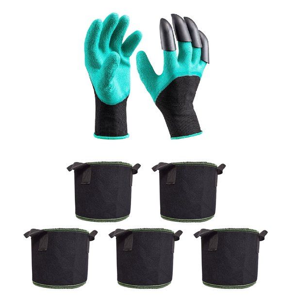 Photo 1 of 5pcs 20 Gallon Black Fabric Plant Grow Bags with Handles Garden Container, 1-Pair Garden Genie Gloves with 4 Righthand Fingertip Claws Fit for Digging Weeding Seeding Poking Planting Pruning
