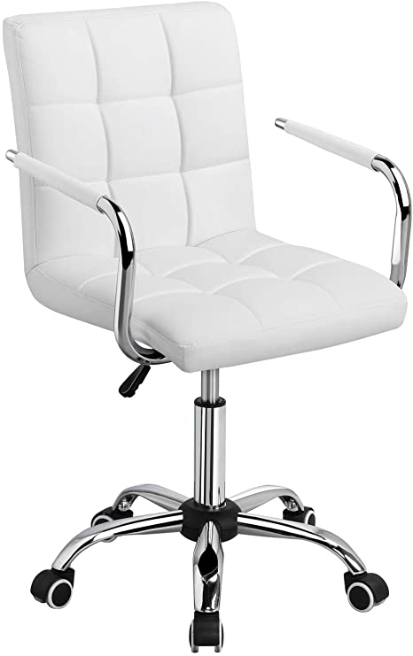 Photo 1 of White Desk Chairs with Wheels/Armrests Modern PU Leather Office Chair Midback Adjustable Home Computer Executive Chair on Wheels 360° Swivel