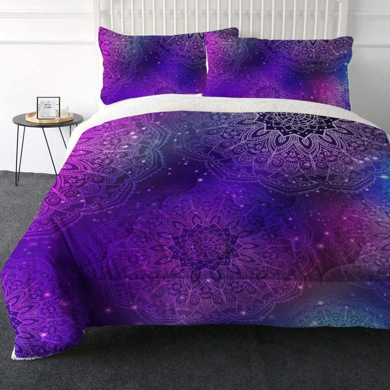 Photo 1 of ARIGHTEX Boho Mandala Sherpa Comforter Set Purple Pink - Ultra-Soft Micromink 3D Reversible Fuzzy Bedding King Size - Colorful Glitter Bohemian Bedspreads with 2 Pillow Shams