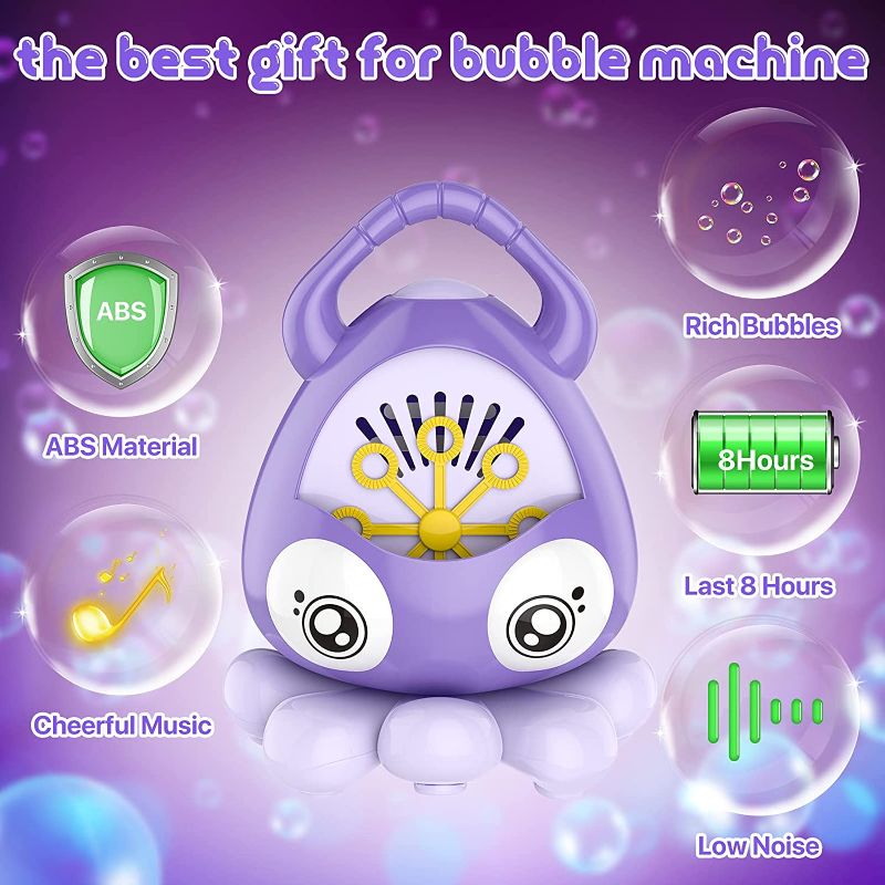 Photo 2 of VIIPOO Bubble Machine Octopus Bubble Blower Bubble Maker 3000+ Bubbles Per Minute, Automatic Music Bubble Machine for Kids Toddler with Bubble Solution, Portable Bubble Toys for Indoor Outdoor(Purple)
