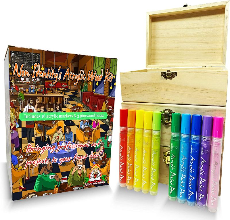 Photo 1 of Acrylic Wood Arts and Crafts kit Includes 16 Painting Markers 3 Wood Boxes, and 1 bottle of Acrylic Gloss Sealer! Arts and Crafts for Teens Crafts For Girls, Kids, and Adults!
