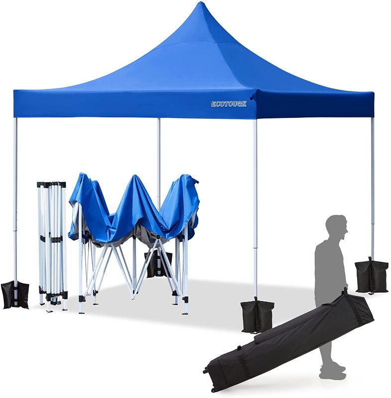 Photo 1 of ECOTOUGE Pop up Canopy (10x10, Blue, Wheeled) with Roller Bag,1-Person Setup,Straight Leg,Waterproof Shade Tent for Outside
